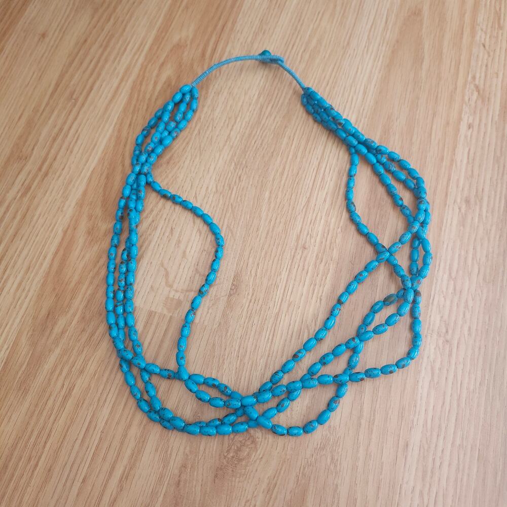 Blue Faux Turquoise Beaded Multi Strand Bib Necklace Toggle Closure Boho Western